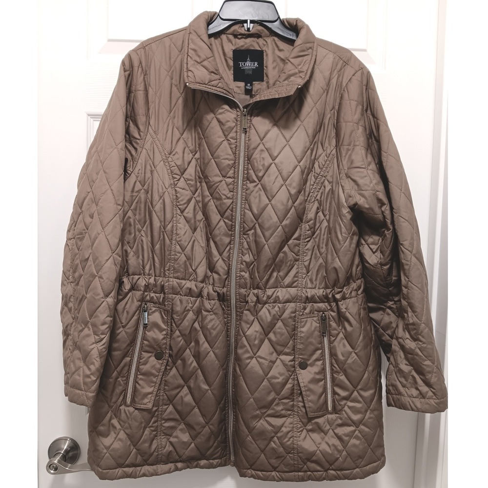 Tower by London Fog Womens 1X Quilted Jacket Taupe Zip Up Puffer Coat RN 79675